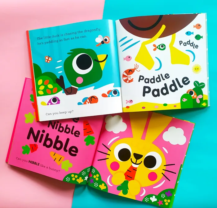 Colorful children's board books with animals and playful illustrations by Pintachan
