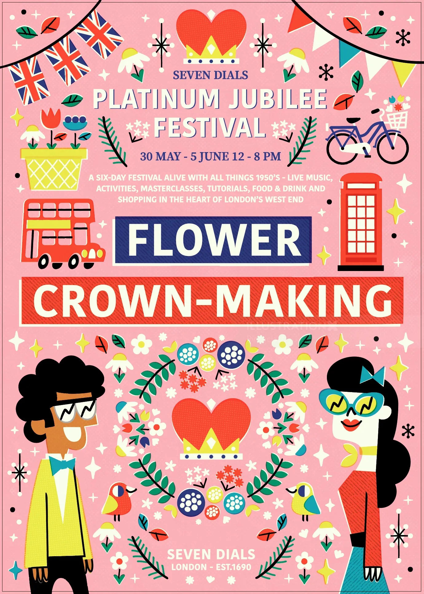 Platinum Jubilee Festival flower crown-making event poster by Pintachan