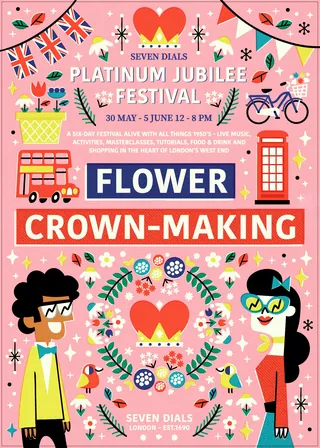 Platinum Jubilee Festival flower crown-making event poster by Pintachan