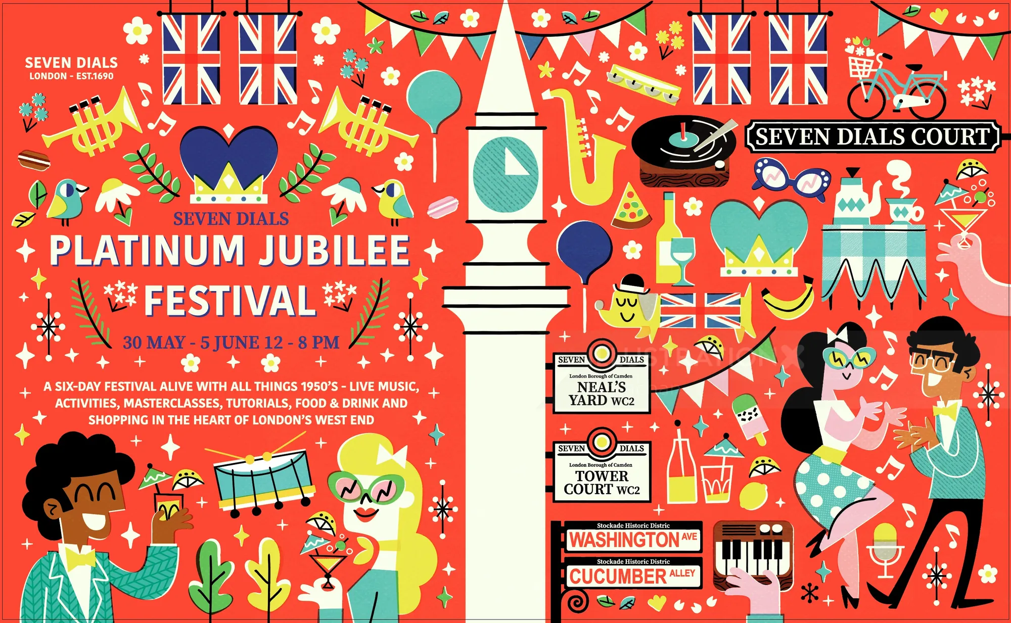 Festival poster with music instruments, dancing people and event details by Pintachan