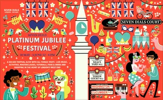 Festival poster with music instruments, dancing people and event details by Pintachan