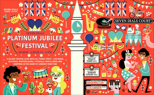 Festival poster with music instruments, dancing people and event details by Pintachan