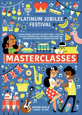 Colorful illustrated poster for Platinum Jubilee Festival masterclasses by Pintachan