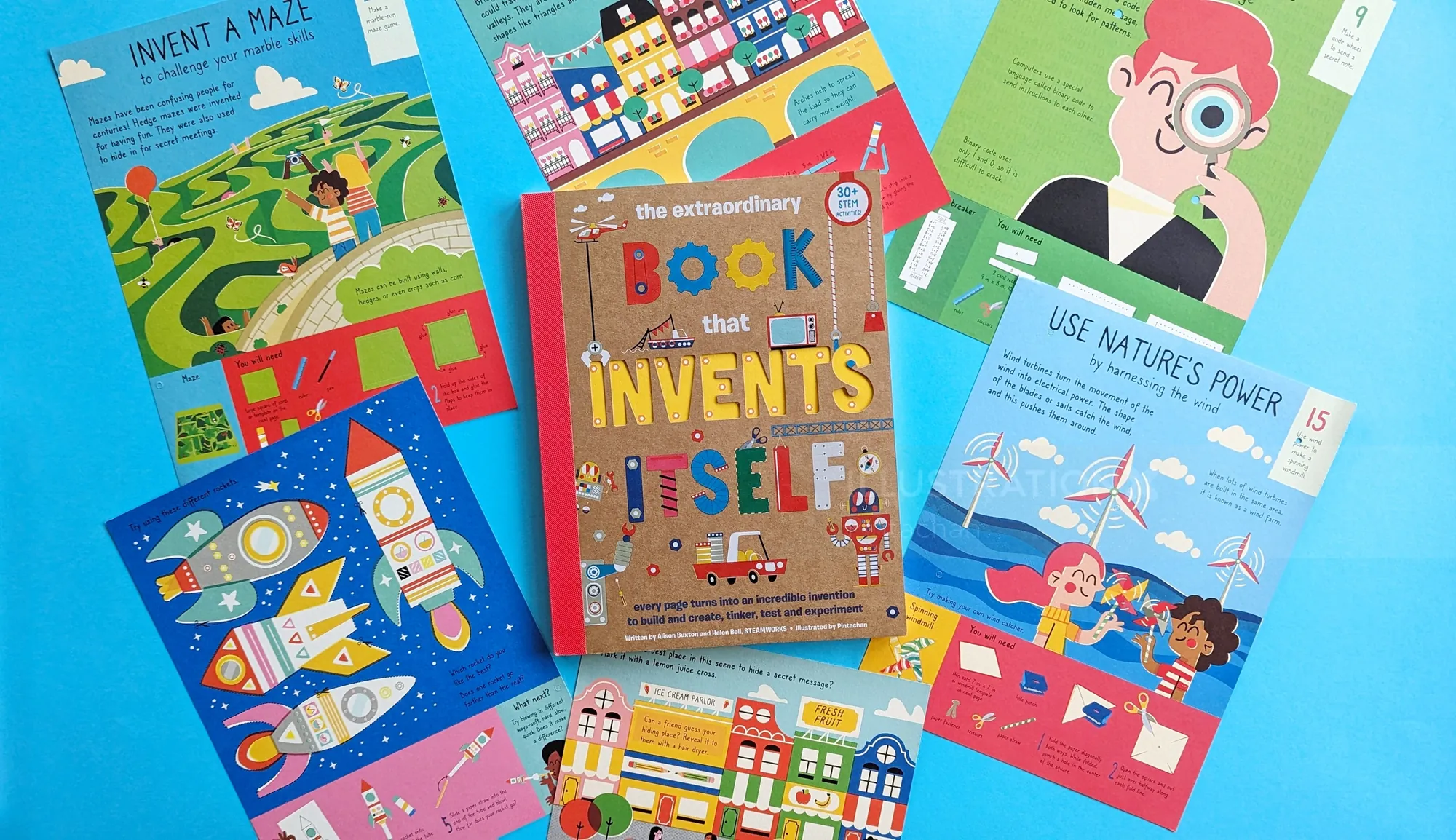 Book about inventions surrounded by colorful illustrated invention cards