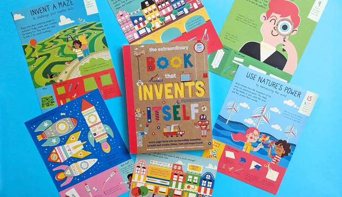Book about inventions surrounded by colorful illustrated invention cards