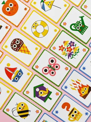 Cards with cute illustrations of animals, objects, and nature elements.