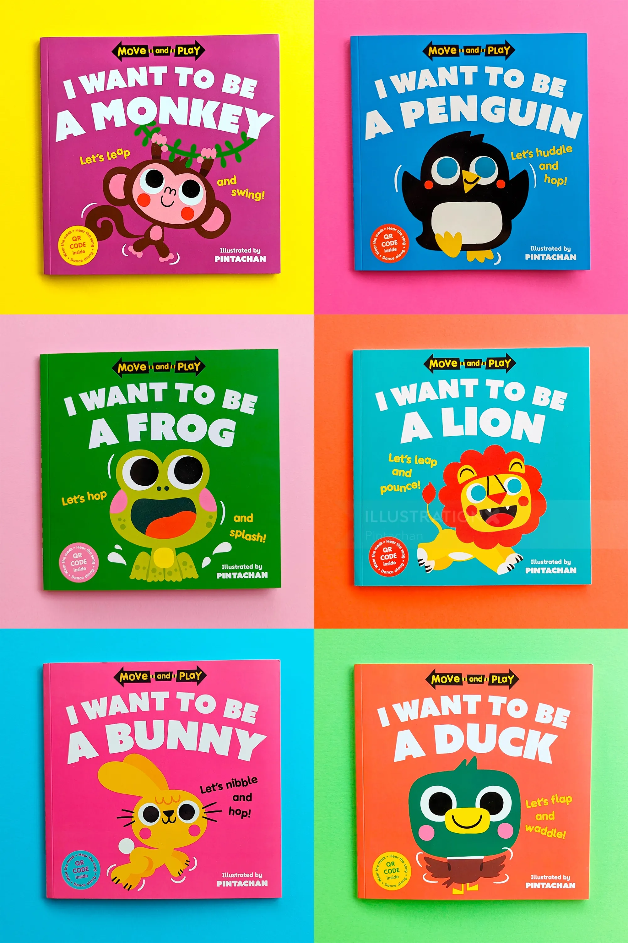 Six colorful children's books with animal themes and cute illustrations