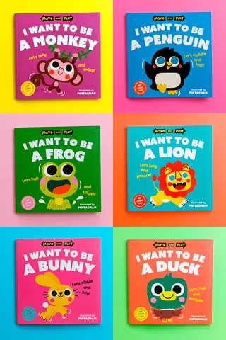 Six colorful children's books with animal themes and cute illustrations