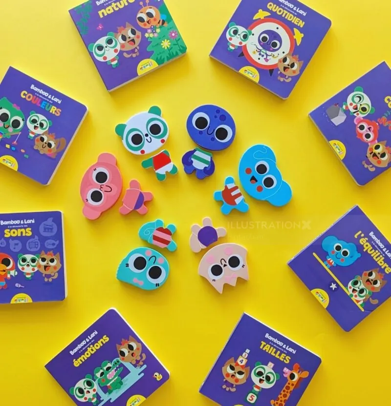 Cartoon animal toys and purple boxes arranged on yellow surface