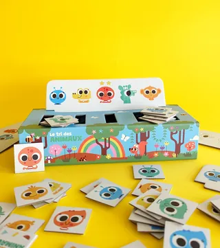 Educational animal face matching game with cards and colorful box