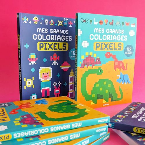 Two pixel art coloring books featuring dinosaurs and characters