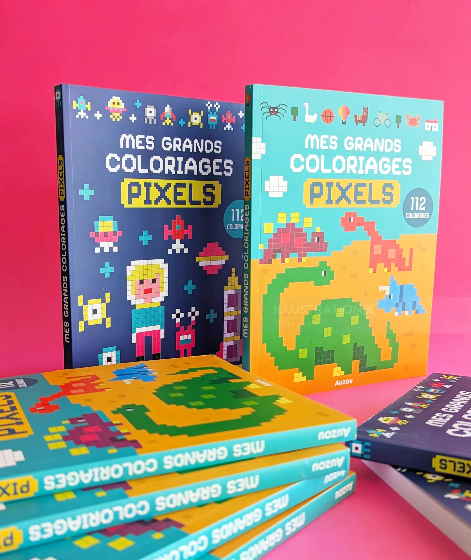 Two pixel art coloring books featuring dinosaurs and characters