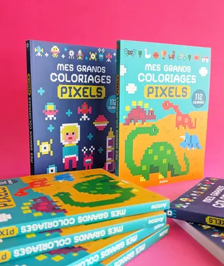 Two pixel art coloring books featuring dinosaurs and characters