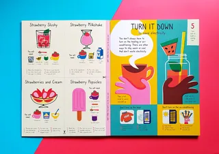 Illustrated recipe for strawberry treats and energy-saving tips booklet