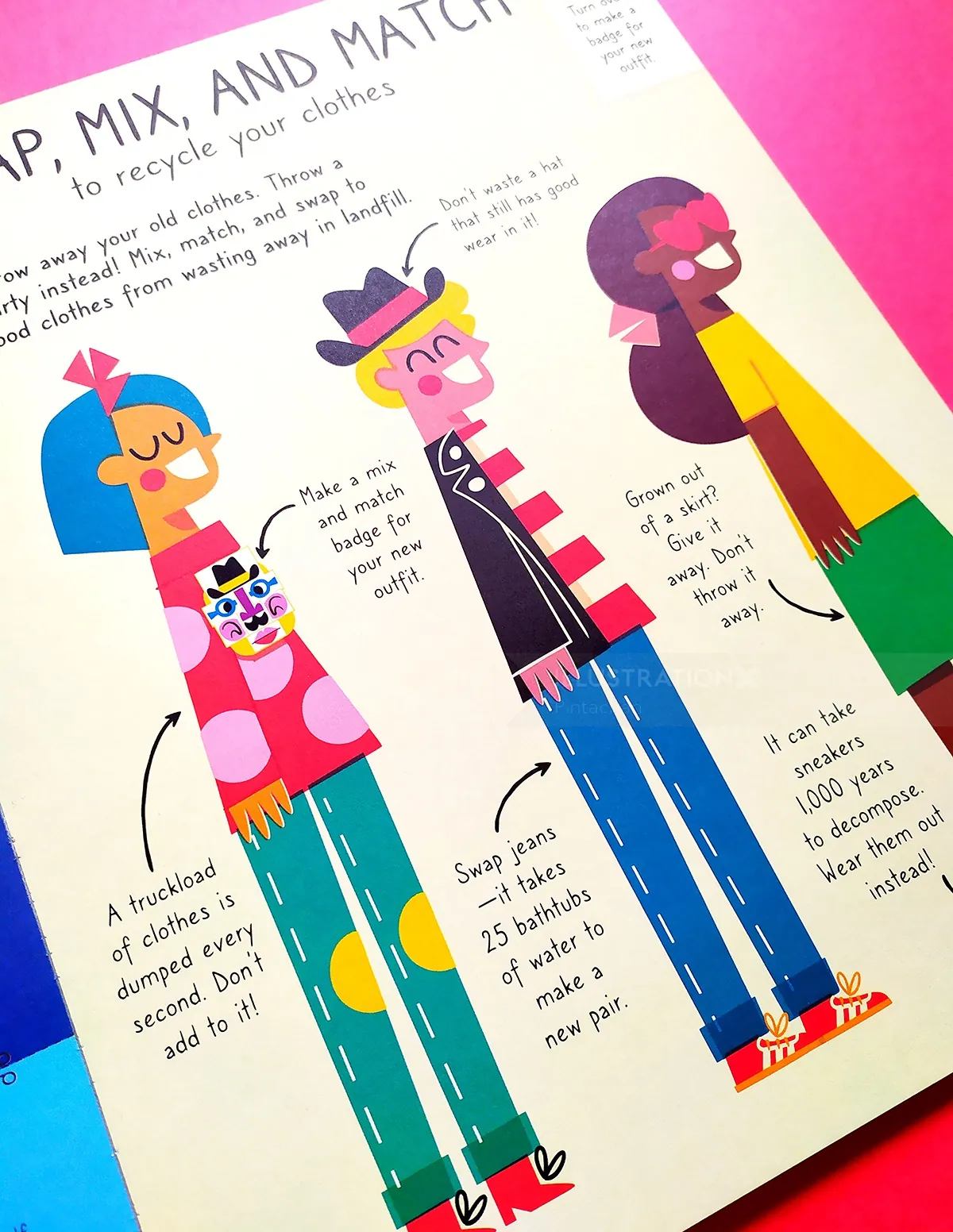Three cartoon characters showing different casual clothing styles and tips.