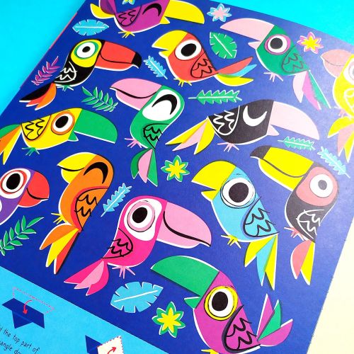 Illustration of colorful toucans with tropical leaves and flowers