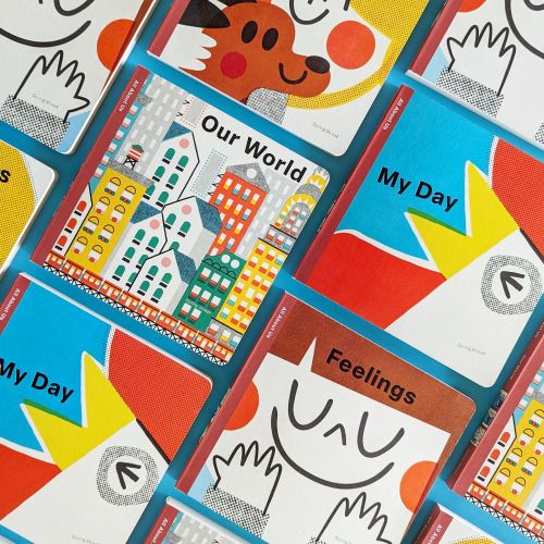 Illustrated cards with themes of feelings, friendships, and daily routines on red background.