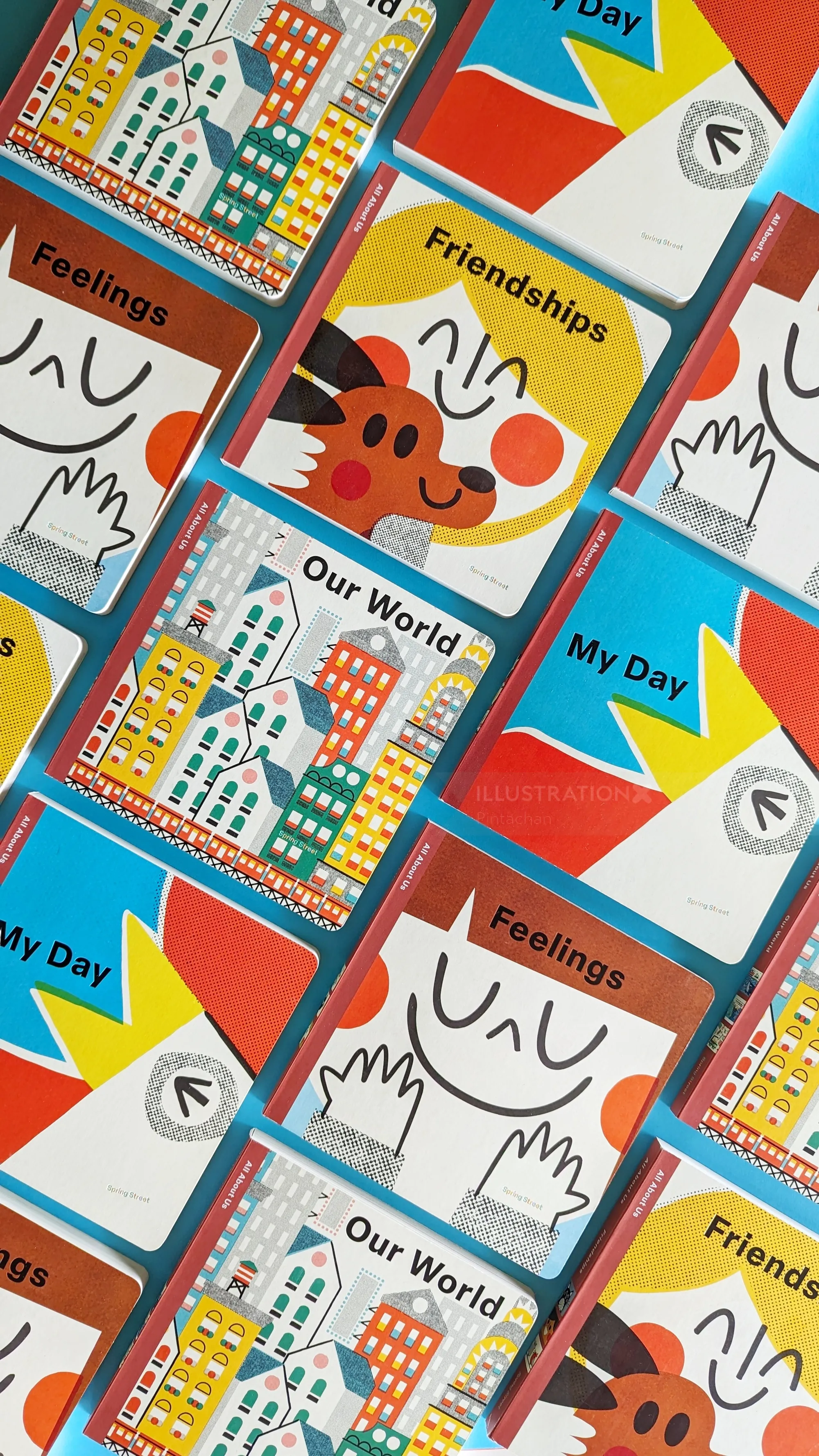 Illustrated cards with themes of feelings, friendships, and daily routines on red background.