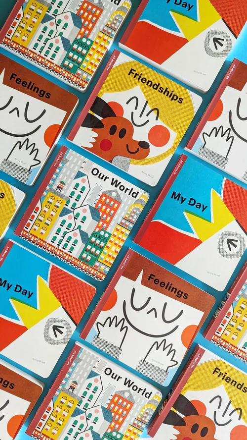Illustrated cards with themes of feelings, friendships, and daily routines on red background.