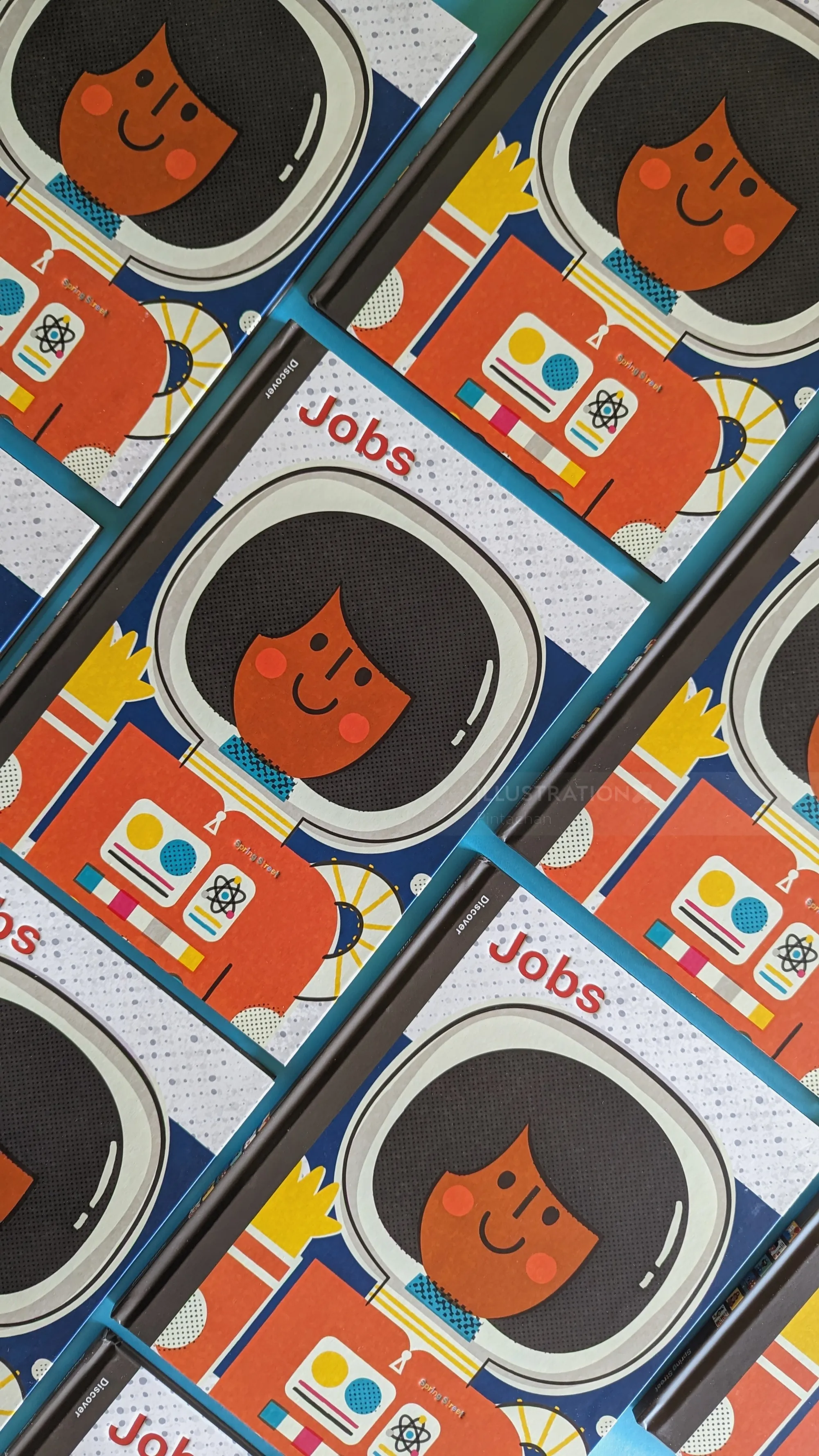 Smiling female astronaut illustration on Jobs books cover