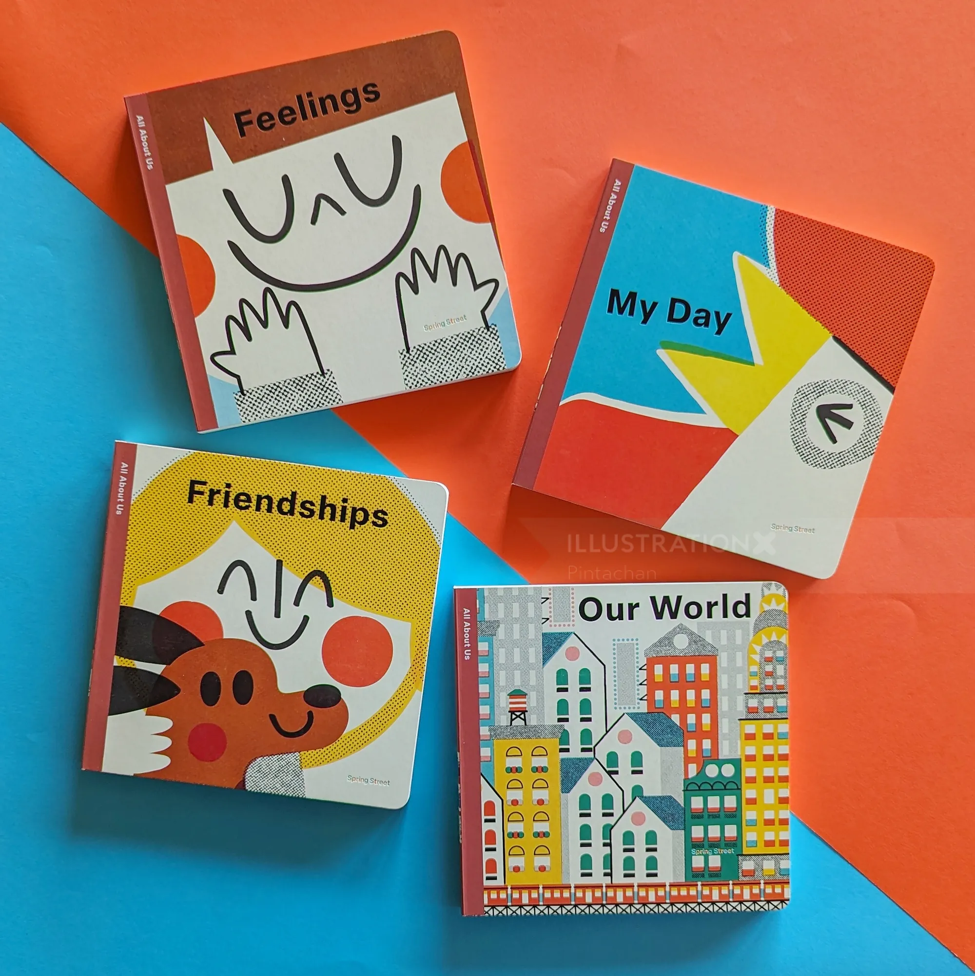 Four colorful children's board books on feelings, friendships, day, and world