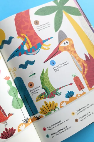 Illustrations of prehistoric animals with numbers and text labels