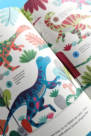 Brightly colored dinosaurs with numbers and text in a children's book illustration.