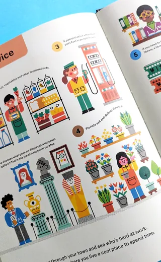Colorful illustrations of different professionals working in a book