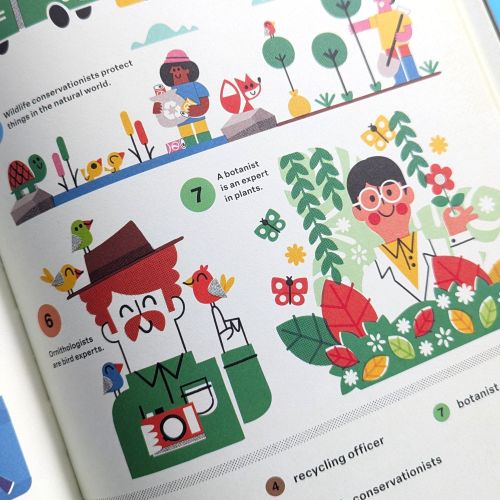 Colorful illustrations of people engaged in conservation and recycling activities.