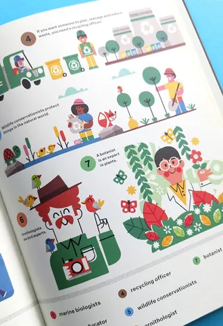 Colorful illustrations of people engaged in conservation and recycling activities.