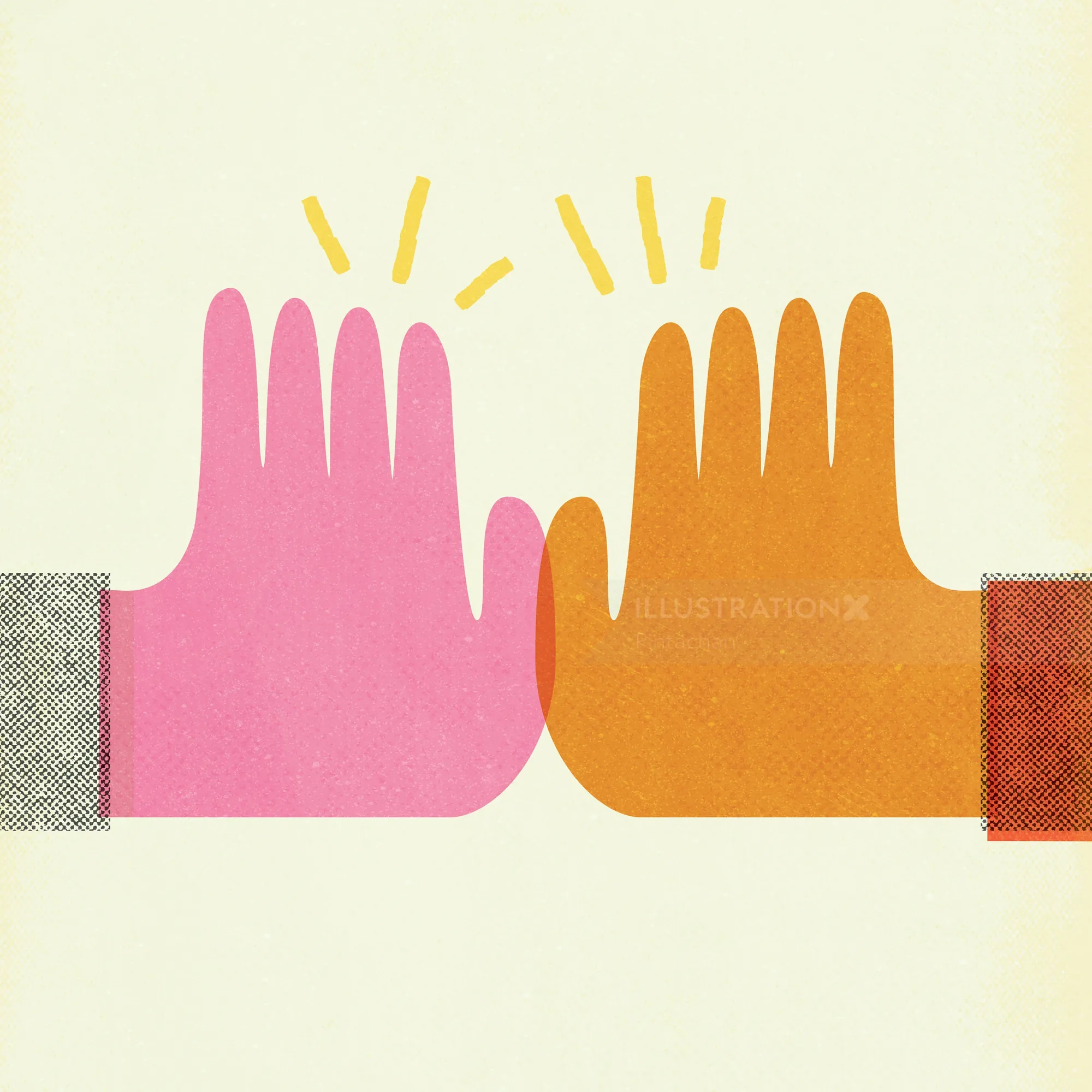 Pink and orange hands giving a high five with rays above