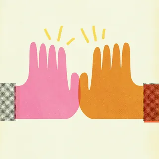 Pink and orange hands giving a high five with rays above