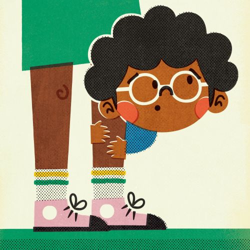 Child with glasses peeking between adult's legs with pink shoes