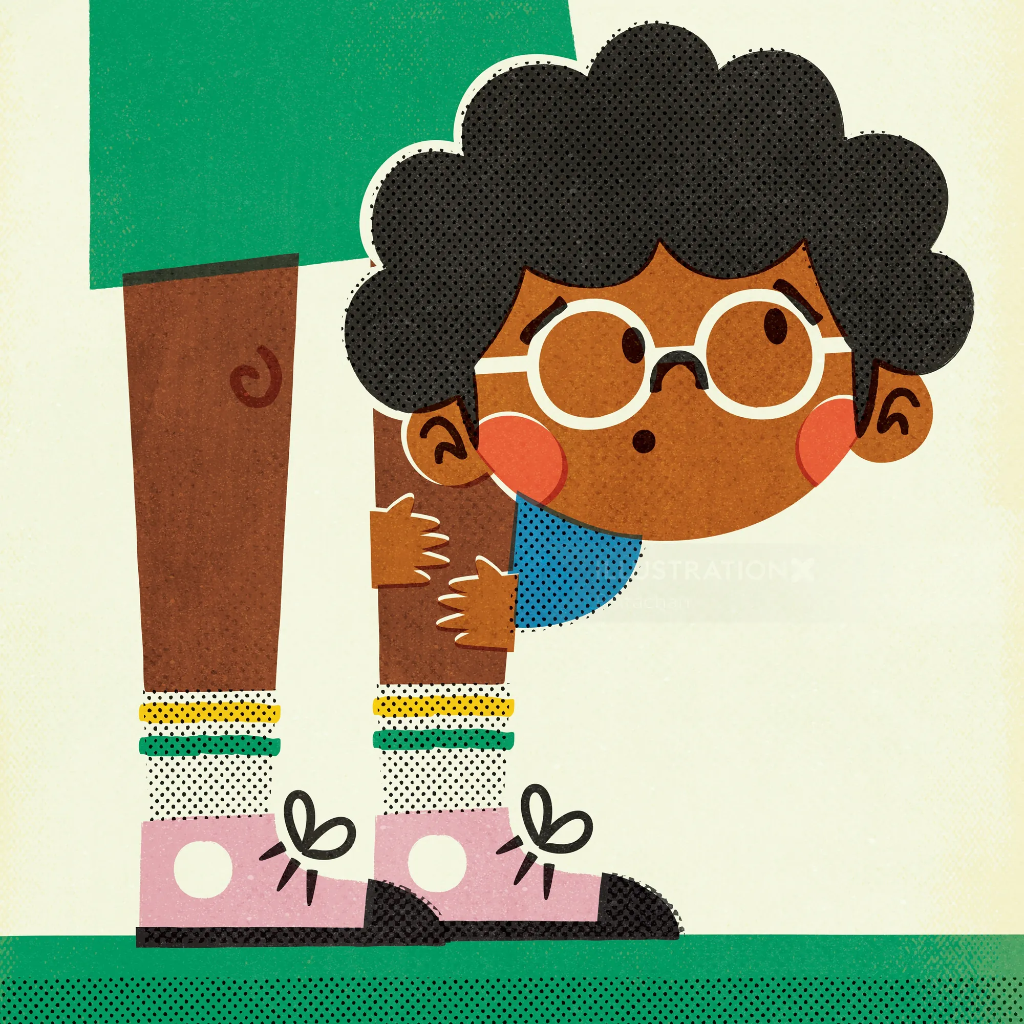 Child with glasses peeking between adult's legs with pink shoes