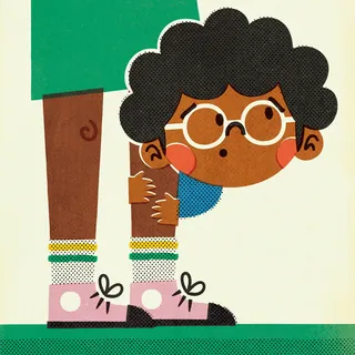 Child with glasses peeking between adult's legs with pink shoes