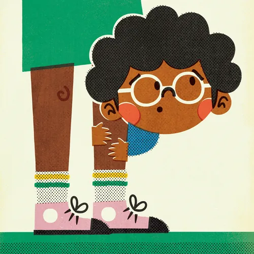 Child with glasses peeking between adult's legs with pink shoes