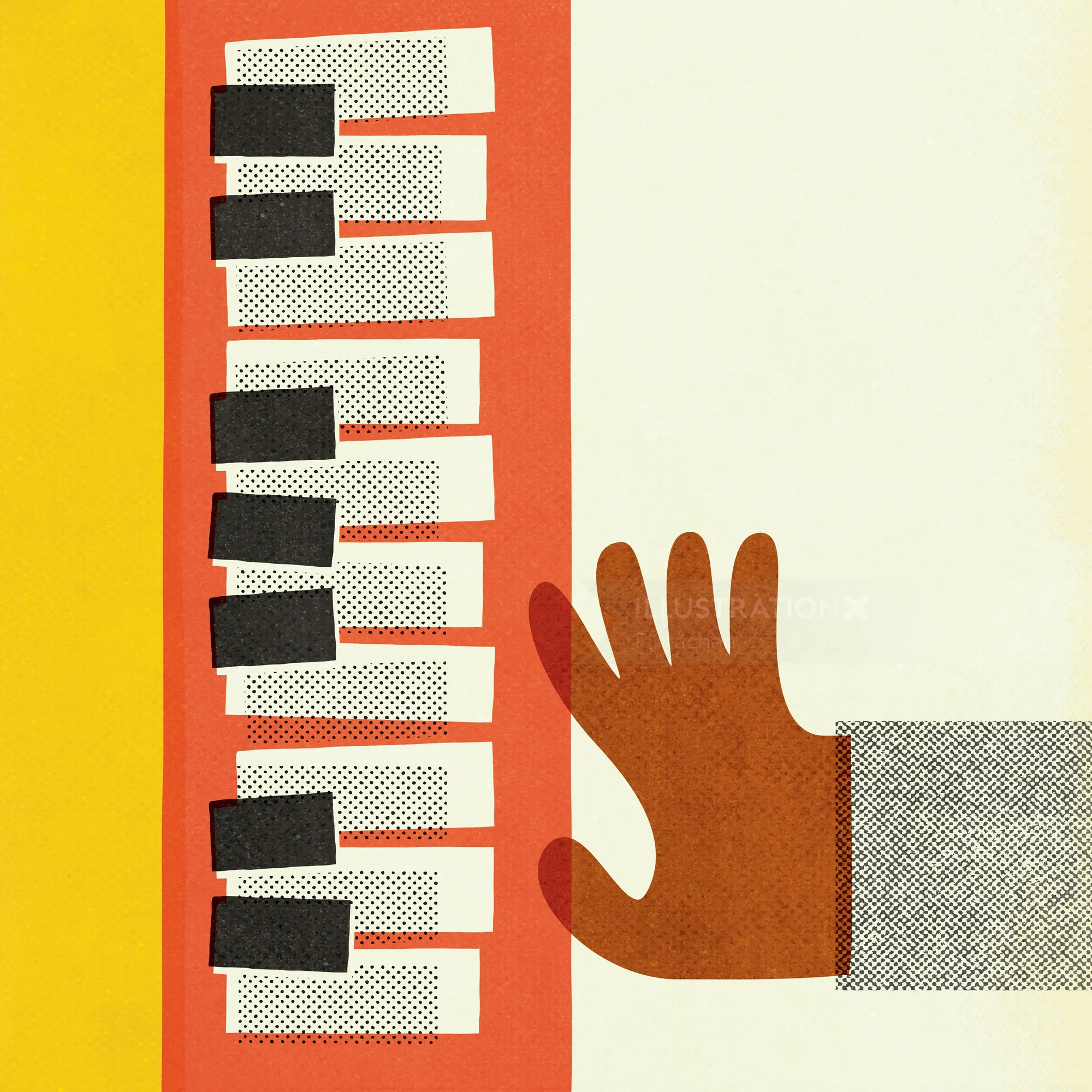 Hand playing stylized piano keys on yellow and orange background