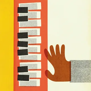 Hand playing stylized piano keys on yellow and orange background