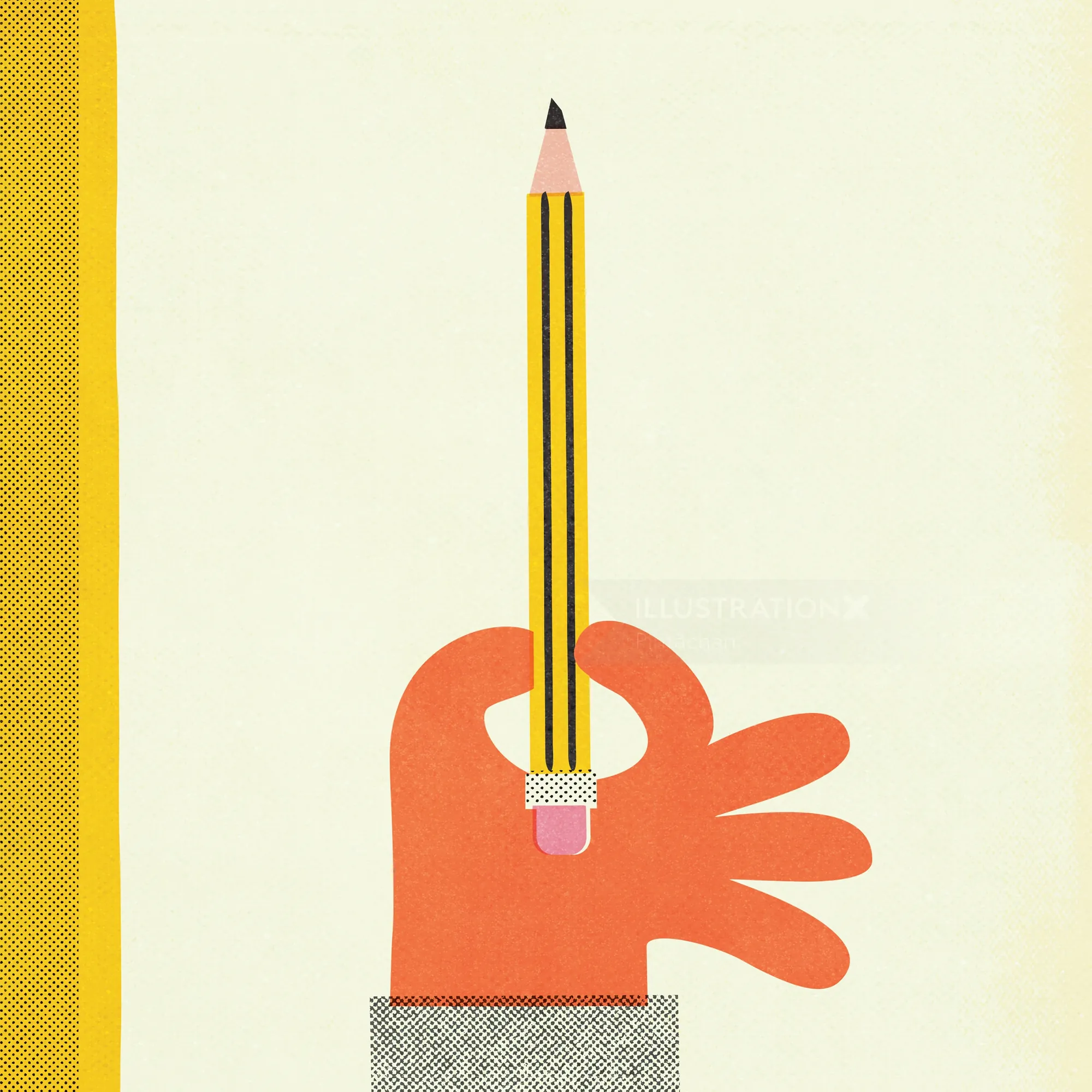 Hand holding a pencil vertically with yellow and cream background