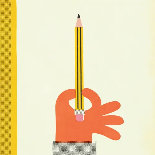 Hand holding a pencil vertically with yellow and cream background