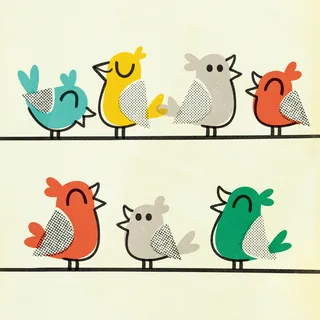 Cartoon birds in various colors perched on horizontal lines