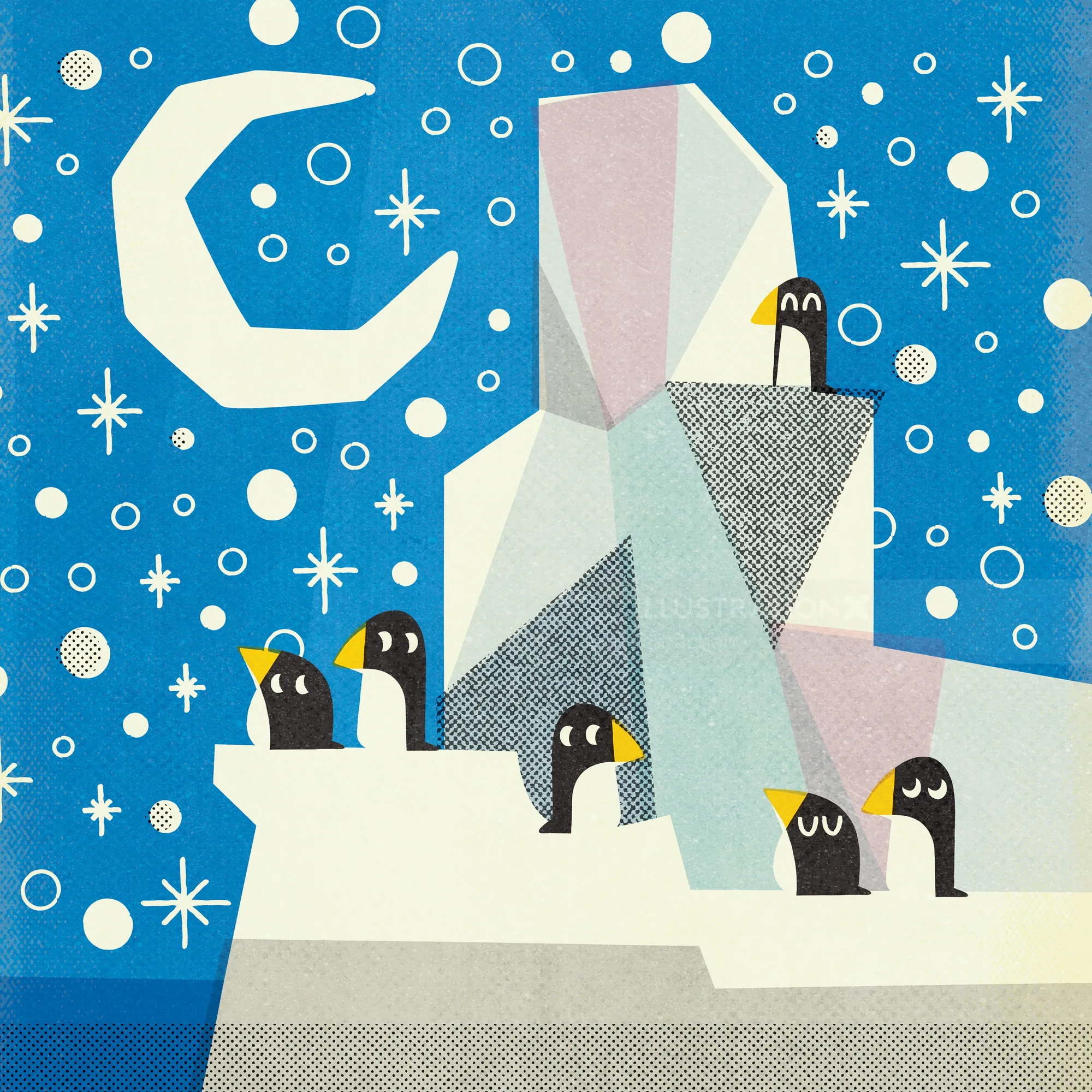 Illustration of penguins on ice with crescent moon and stars