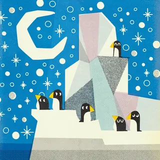 Illustration of penguins on ice with crescent moon and stars
