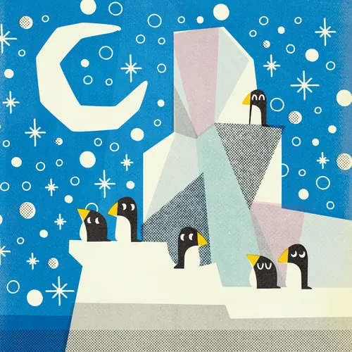 Illustration of penguins on ice with crescent moon and stars