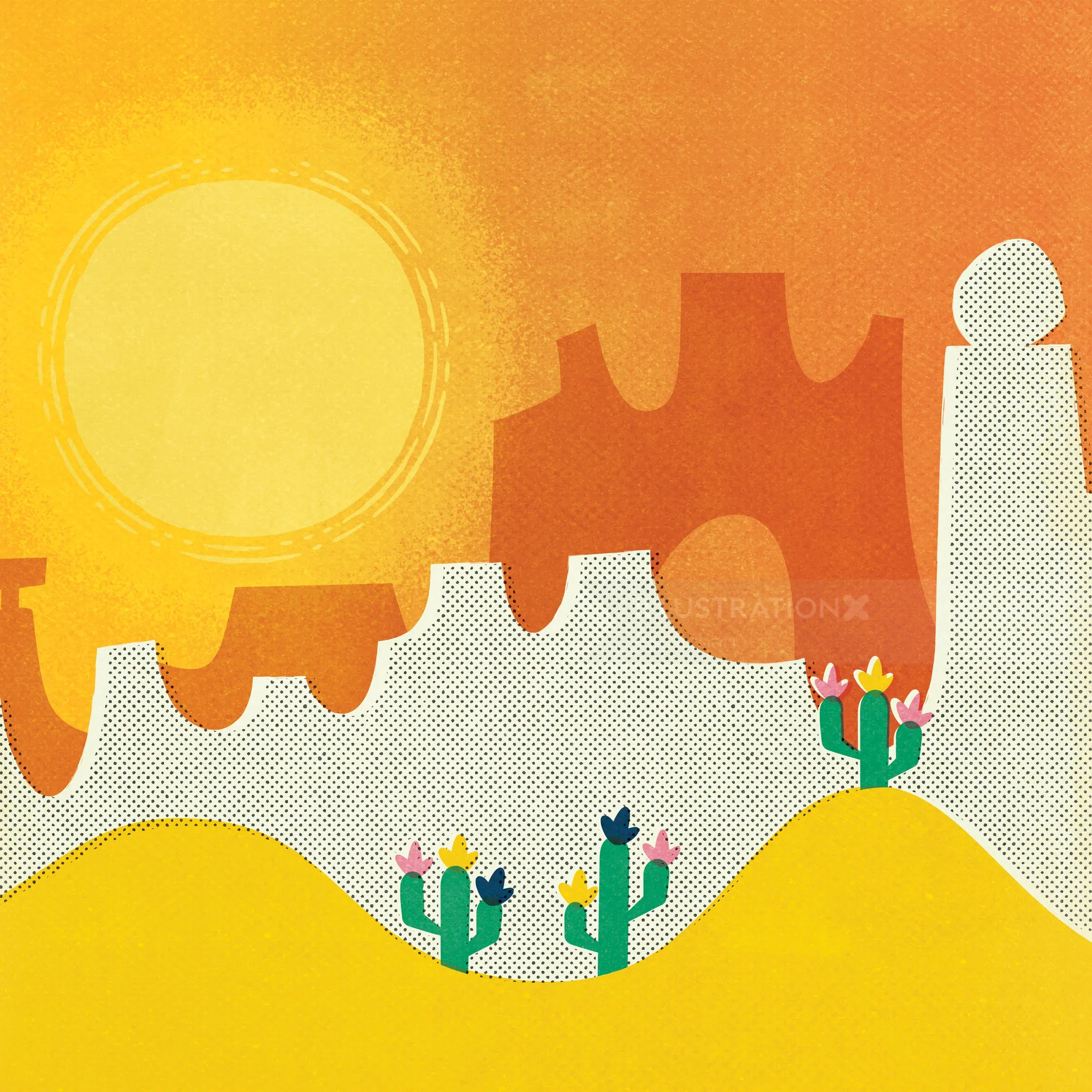 Abstract desert scene with large sun and colorful cacti