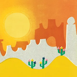Abstract desert scene with large sun and colorful cacti