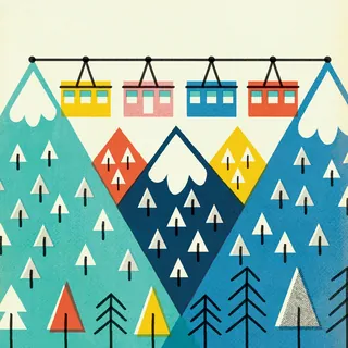 Colorful cable cars over geometric mountains and trees illustration