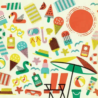 Bright summer beach items like chairs, umbrella, snacks, and floats