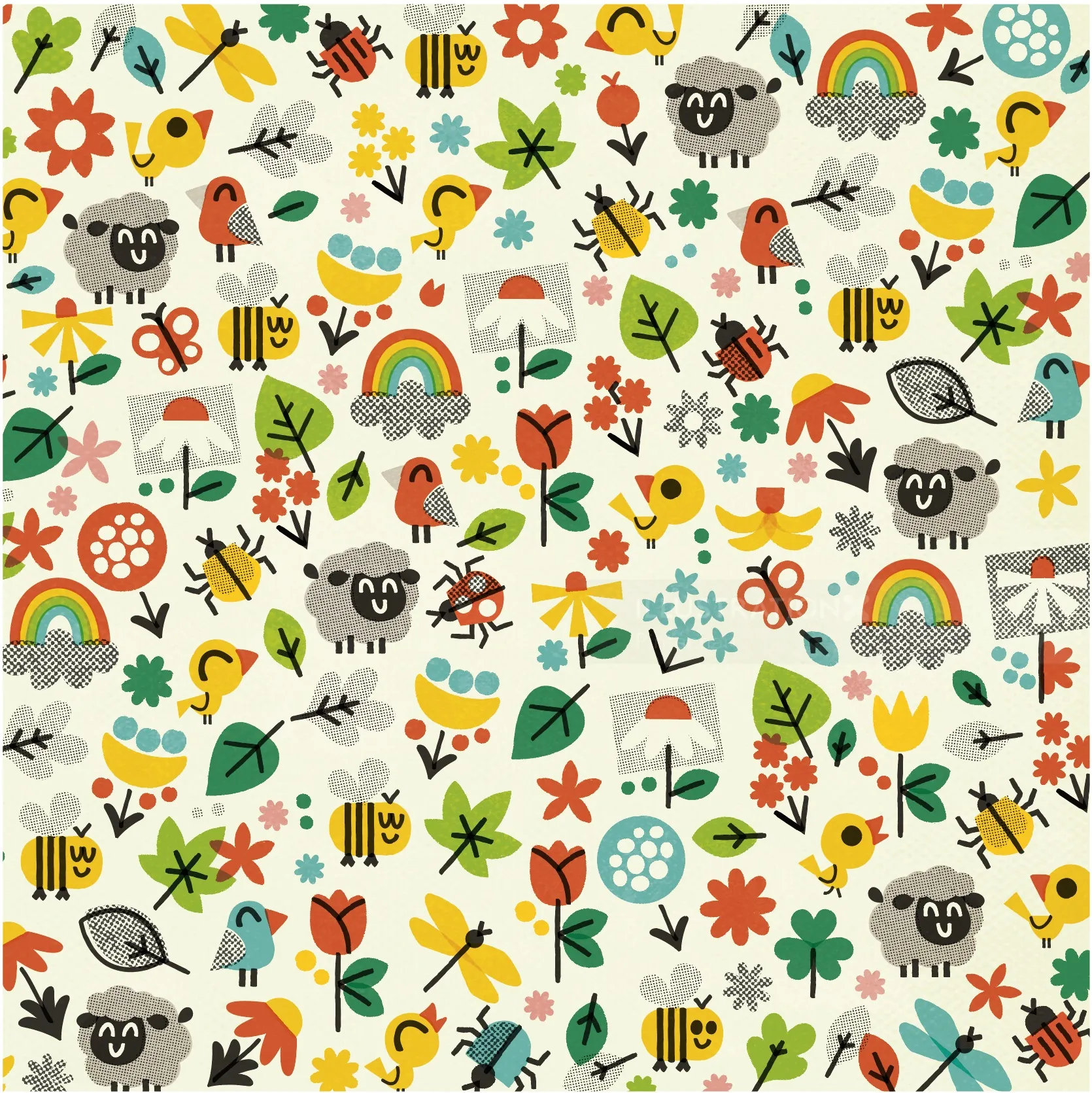 Whimsical repeating pattern of flowers, koalas, birds, bees, and rainbows