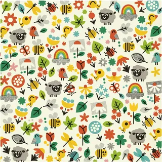 Whimsical repeating pattern of flowers, koalas, birds, bees, and rainbows